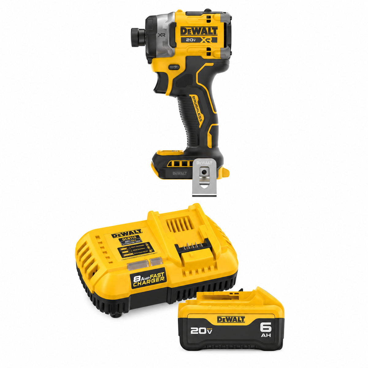 DEWALT DCF860 impact driver kit with DCB206 6.0Ah battery and DCB118 8 Amp Fast Charger