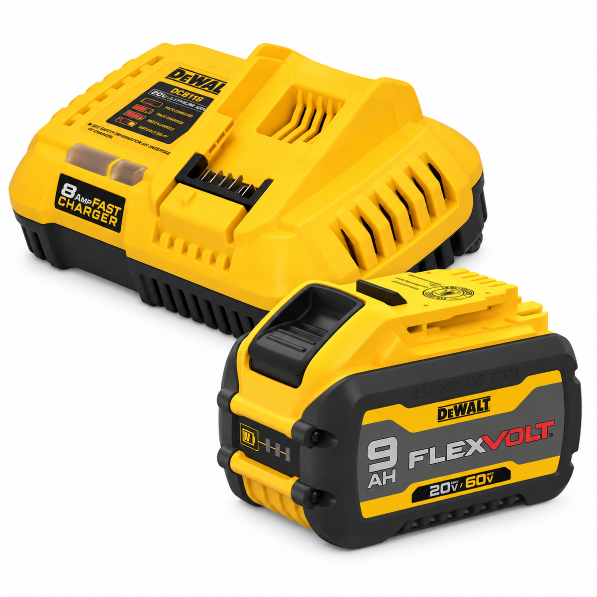 DEWALT DCB609 FLEXVOLT 9Ah battery and DCB118 fast charger