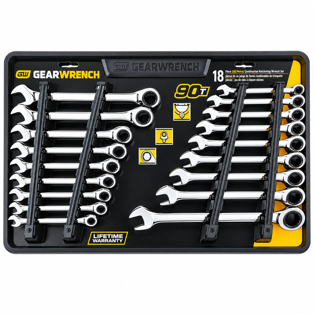GEARWRENCH 86698-06 18-piece SAE and metric ratcheting combination wrench set in tray on white background