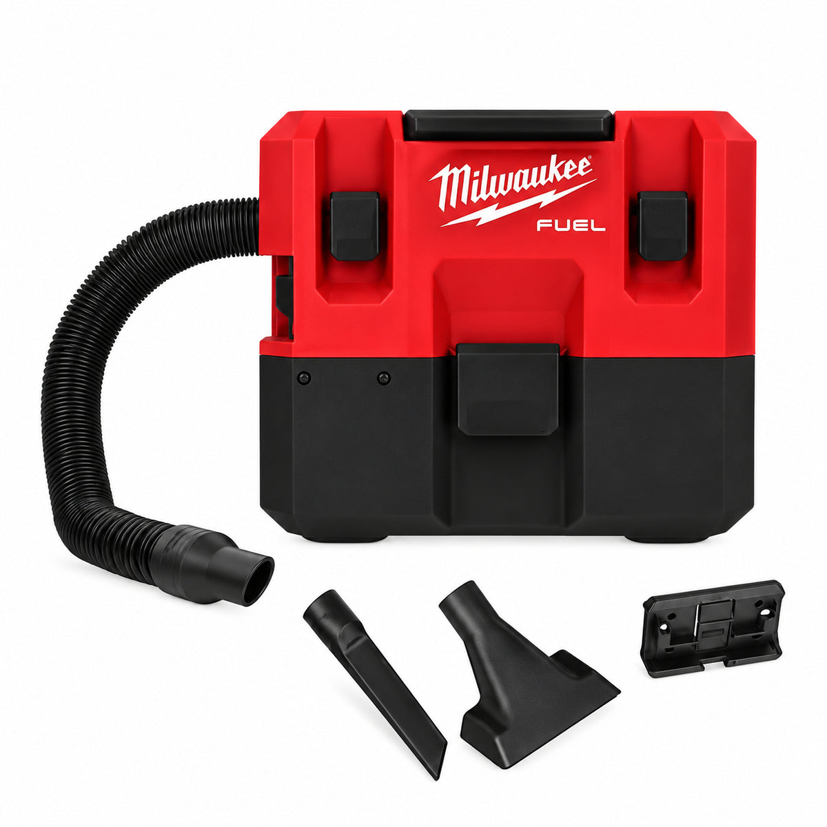 Milwaukee 0960-20 M12 FUEL wet dry vacuum with hose and included accessories, white background