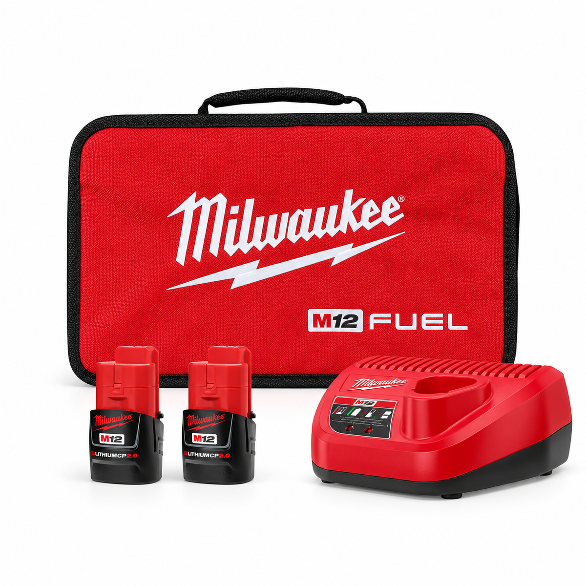 Milwaukee 2551-22 included bag, two CP2.0 batteries and charger – edited view