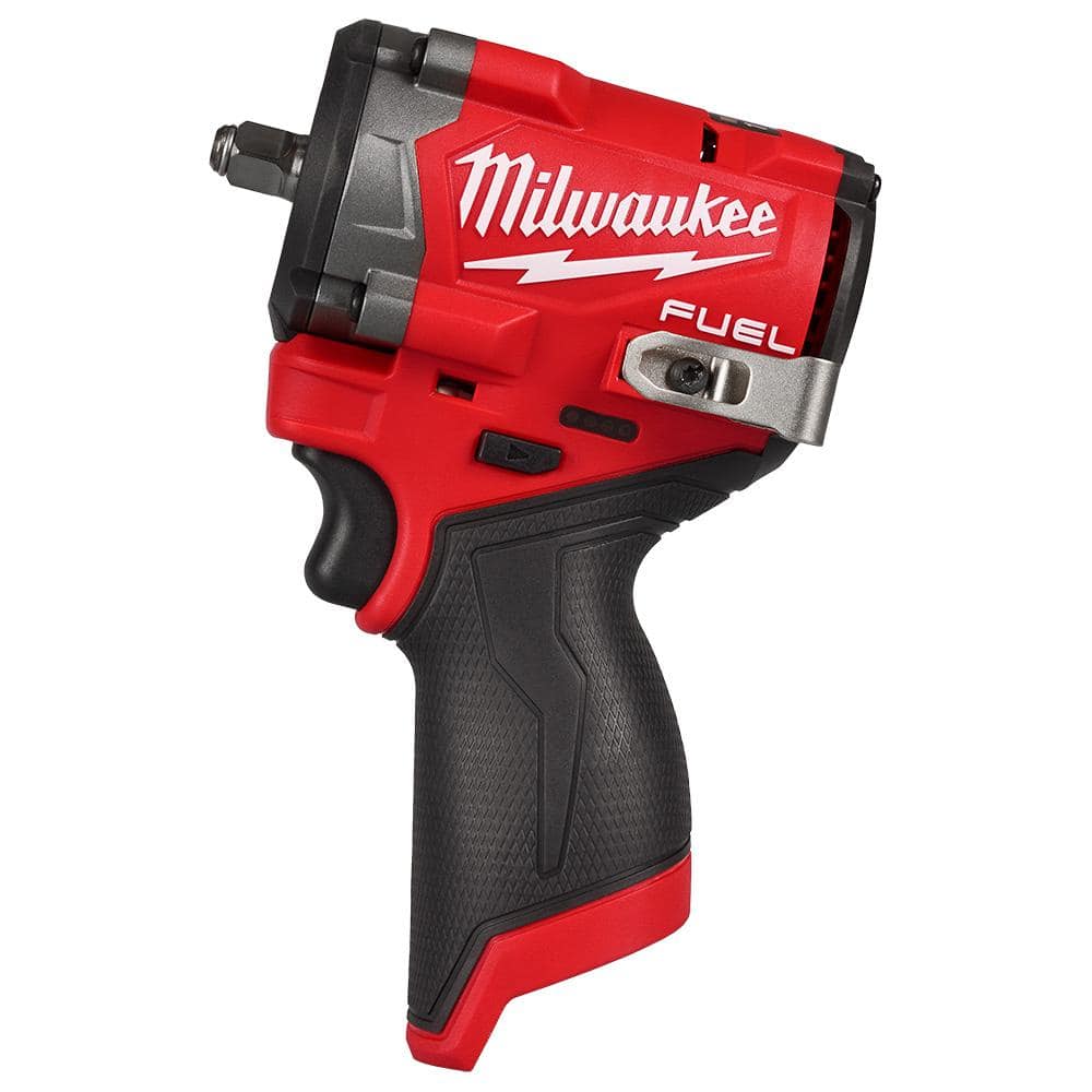 Milwaukee 2562-20 M12 FUEL 3/8 inch Stubby impact wrench tool only, side view, white background