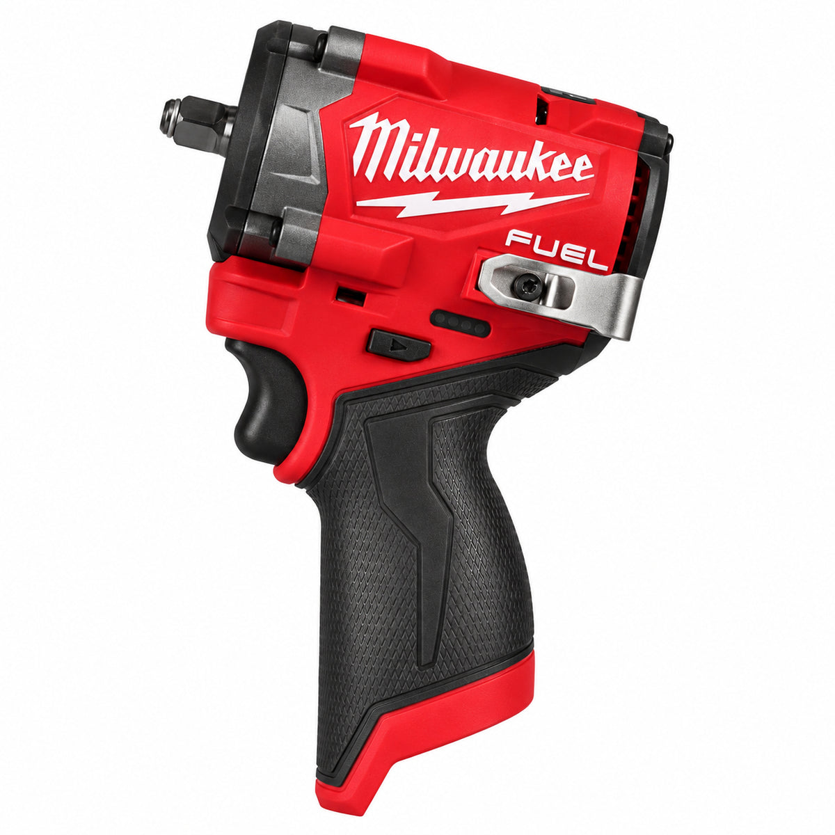 Milwaukee 2562-20 M12 FUEL 3/8 inch Stubby impact wrench tool only, side view, white background
