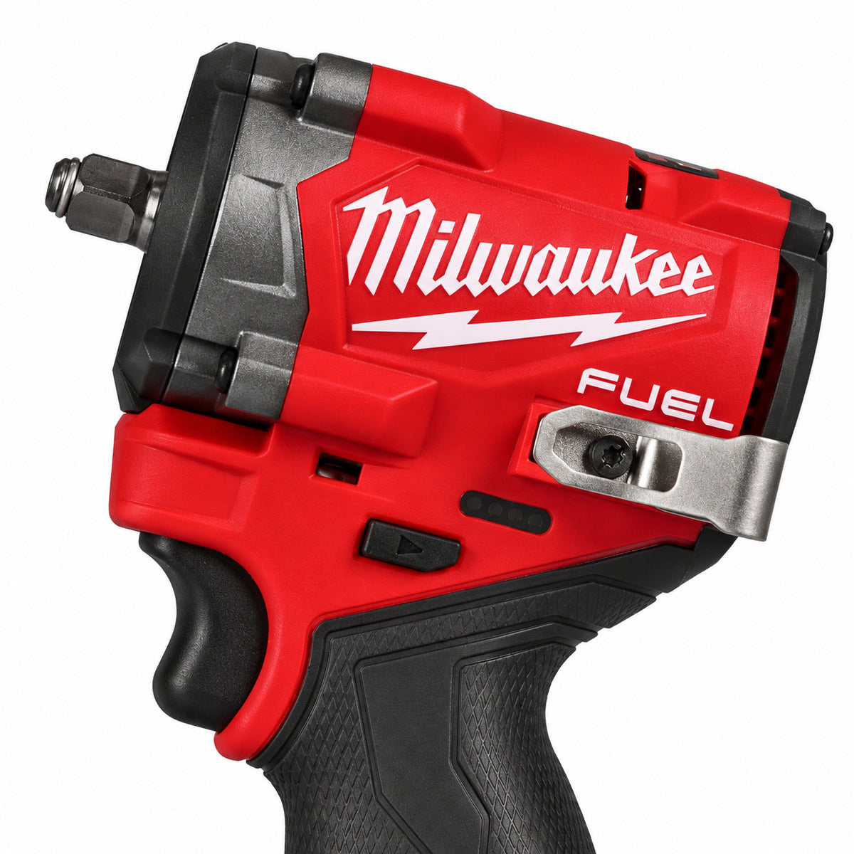 Milwaukee 2562-20 M12 FUEL 3/8 inch Stubby impact wrench tool only, detail view, white background