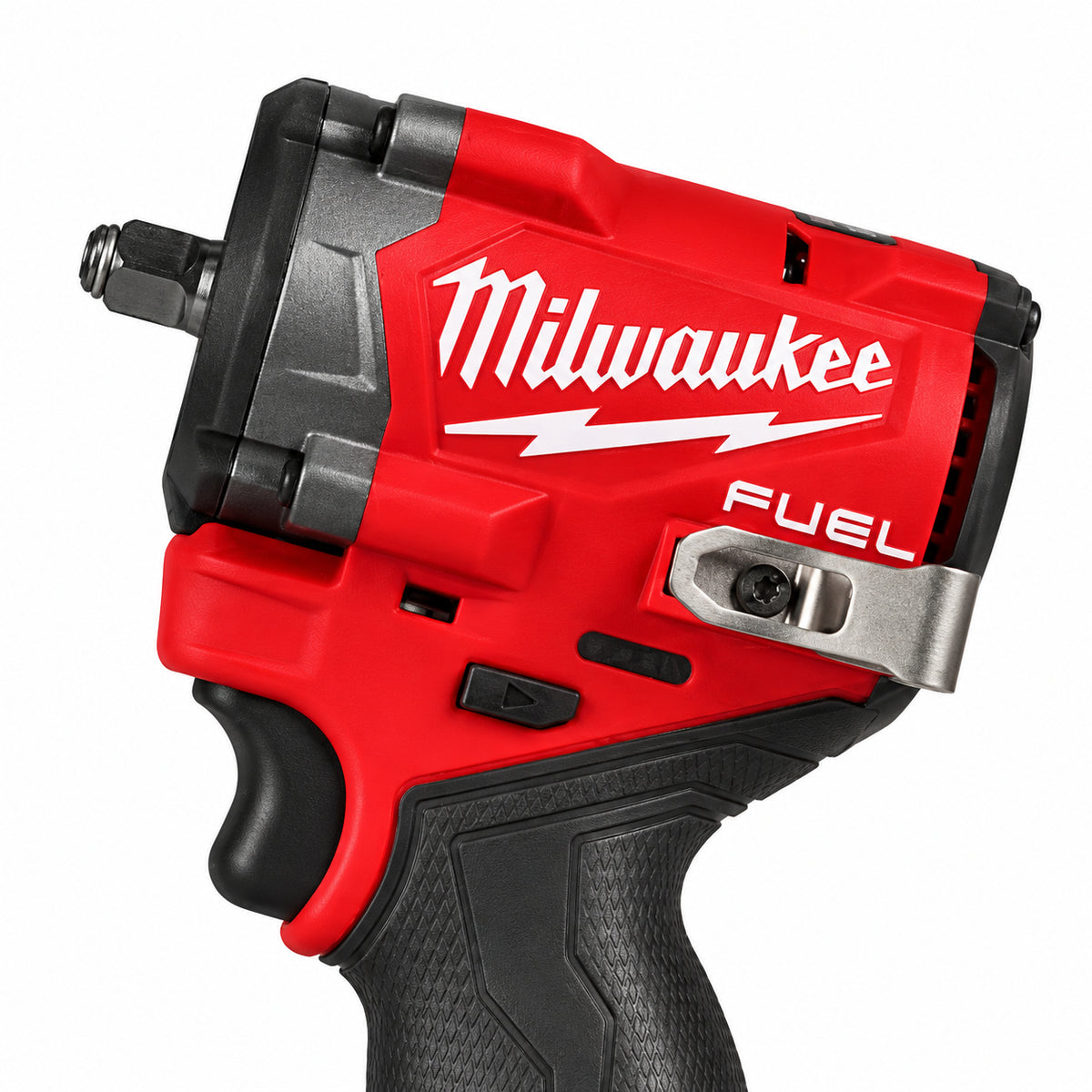 Milwaukee 2562-20 M12 FUEL 3/8 inch Stubby impact wrench tool only, detail view, white background