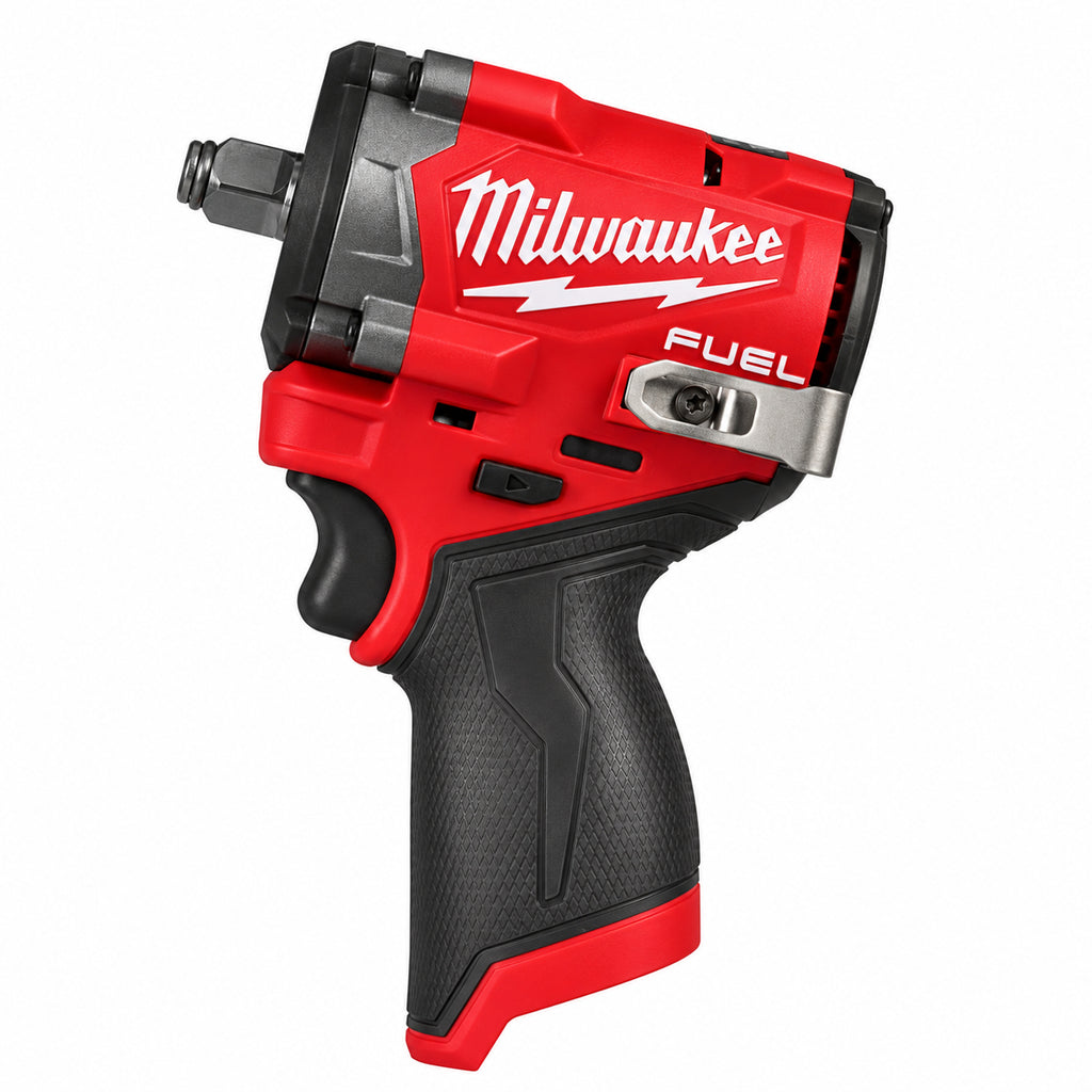Milwaukee 2563-20 M12 FUEL Stubby 1/2 inch impact wrench, tool only, white background, side view