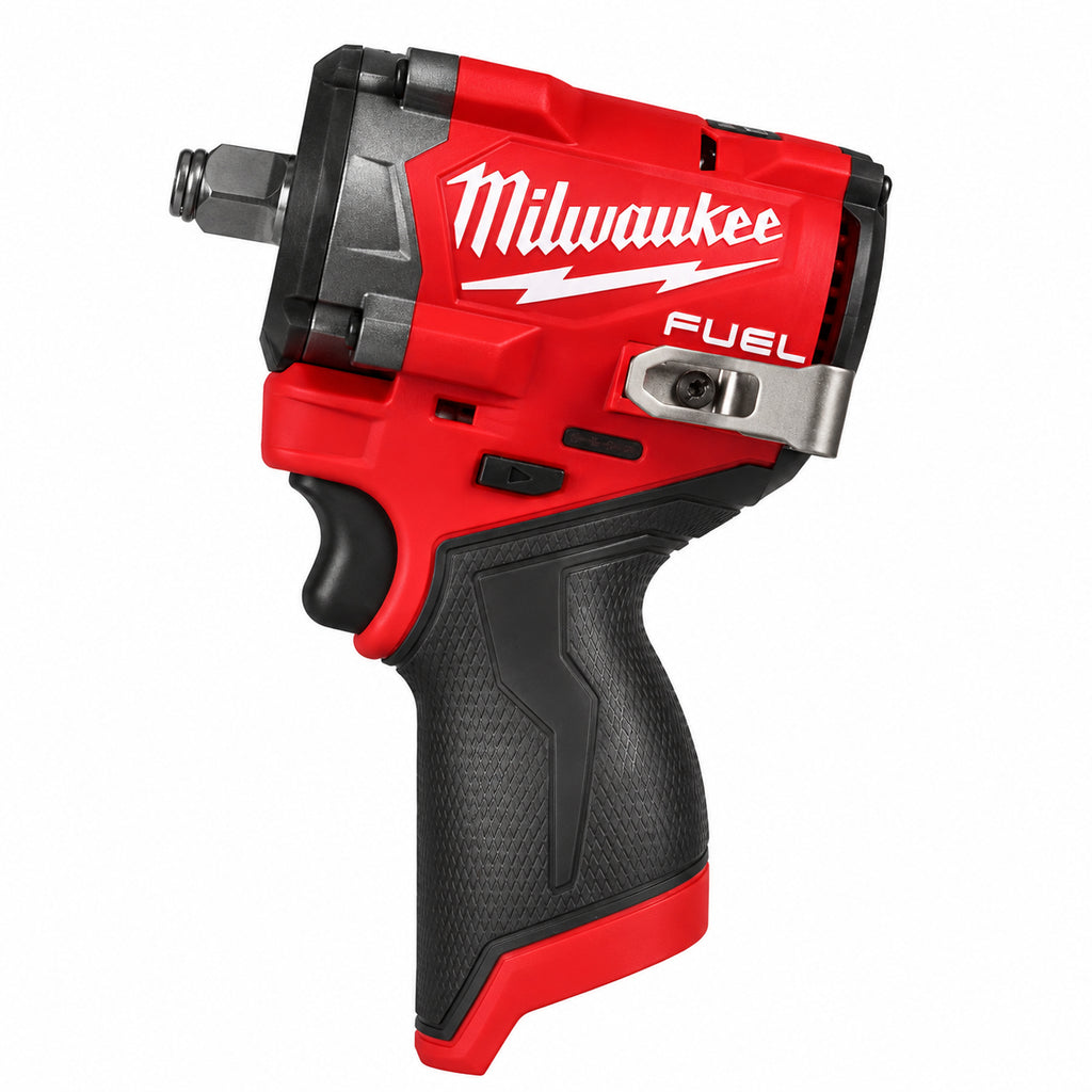 Milwaukee 2563-20 M12 FUEL Stubby 1/2 inch impact wrench, tool only, white background, side view
