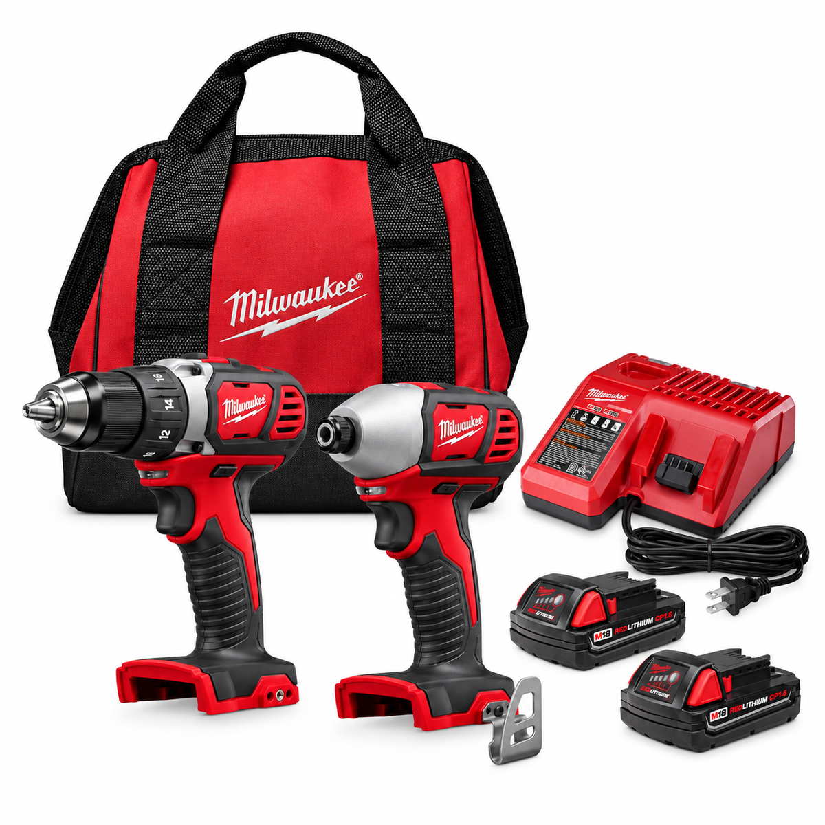 Milwaukee 2691-22 complete kit with two 1.5Ah batteries, charger and bag, edited studio arrangement