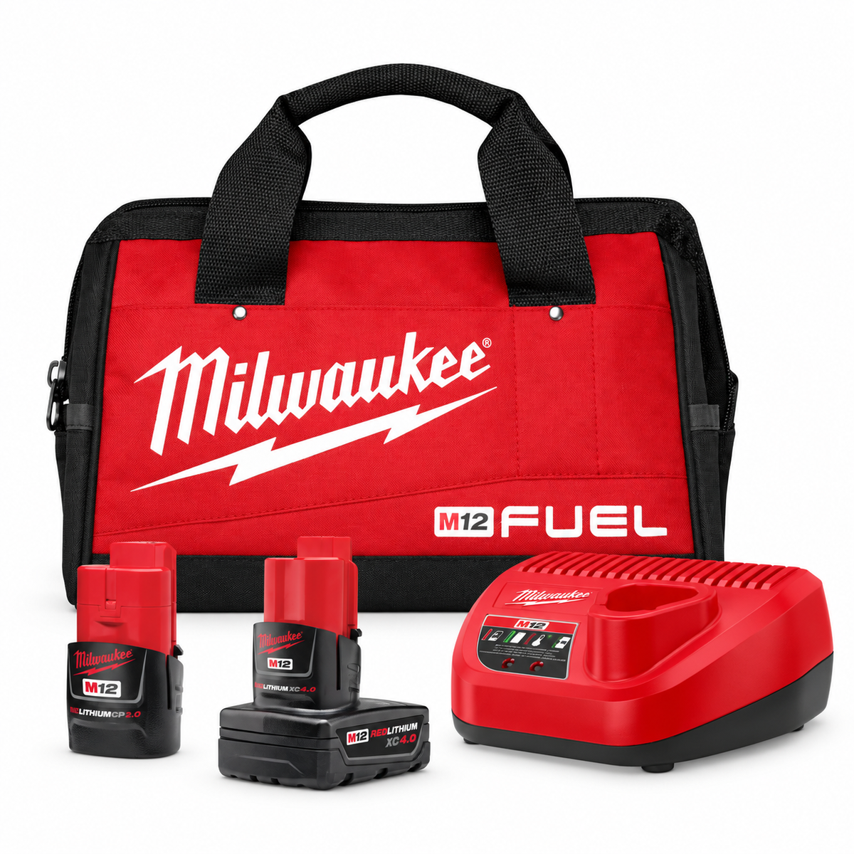 Milwaukee 3497-22 included accessories: CP2.0 and XC4.0 batteries, M12 charger and contractor bag