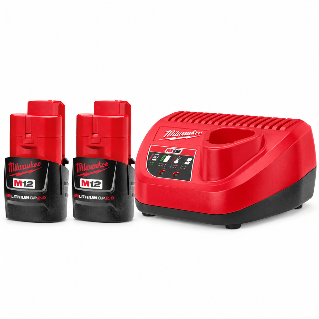 Milwaukee M12 kit with two CP2.0 batteries and charger – edited product view