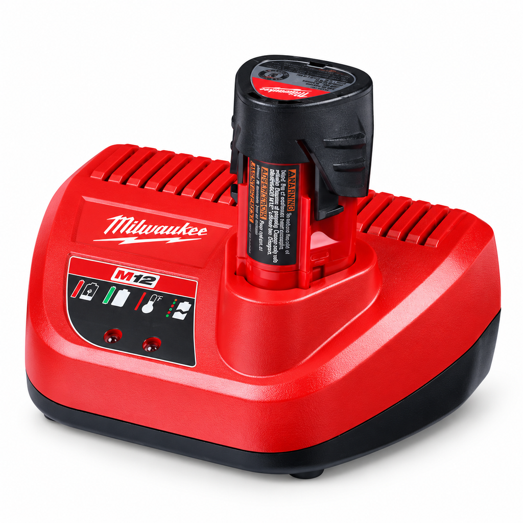 Milwaukee M12 battery installed in charger – edited view