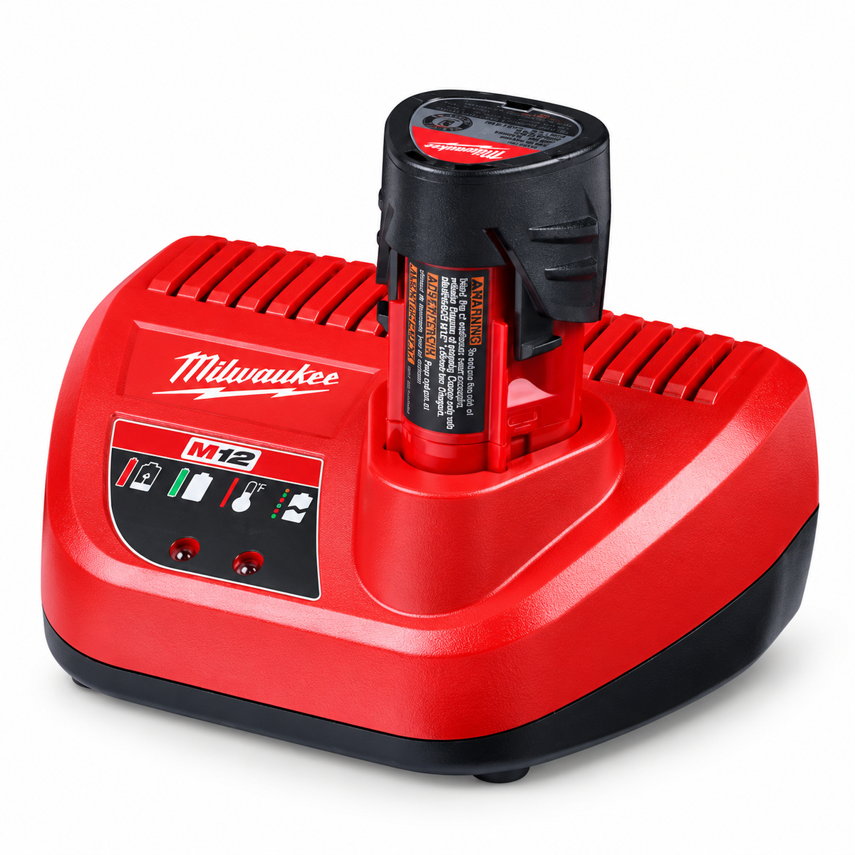 Milwaukee M12 battery installed in charger – edited view