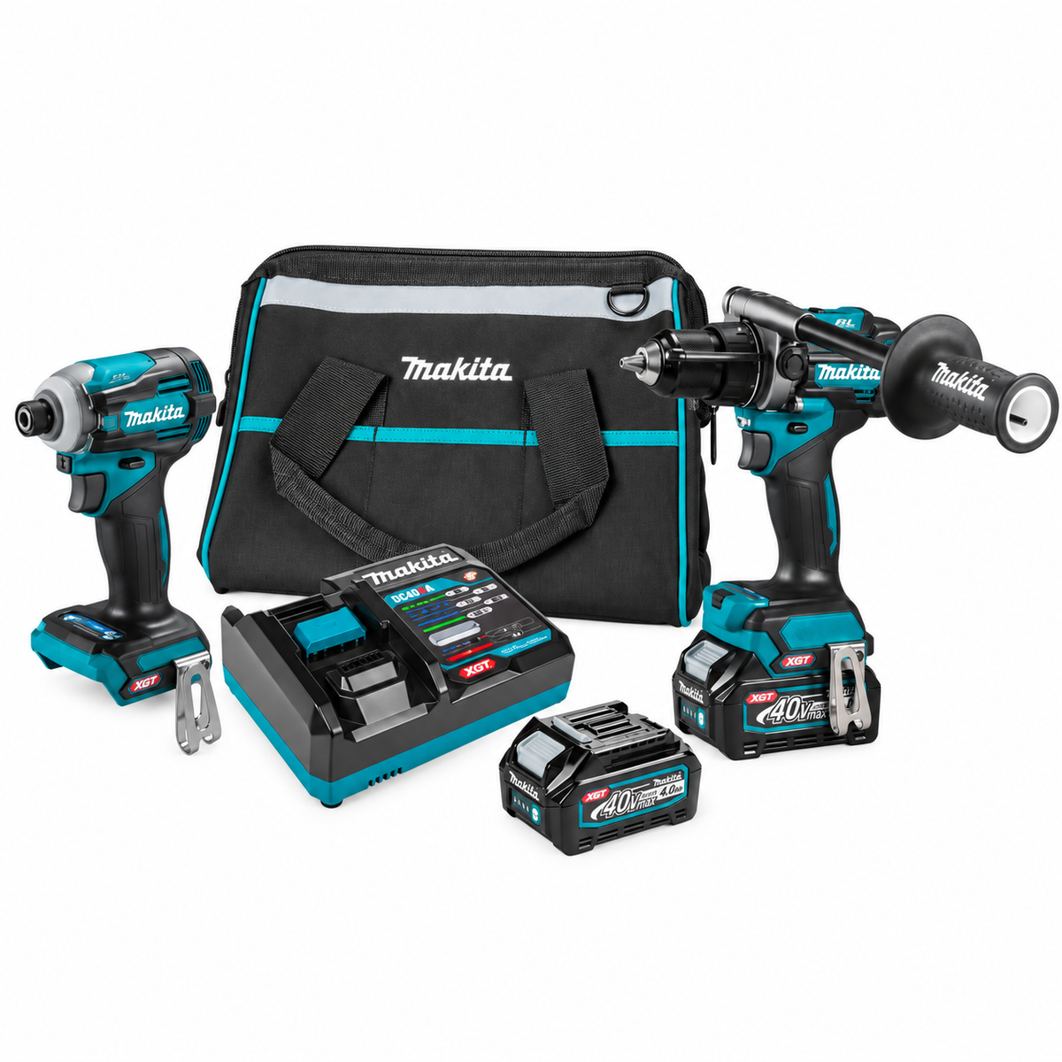 Makita GT200D complete XGT two-tool kit with two batteries, charger and bag