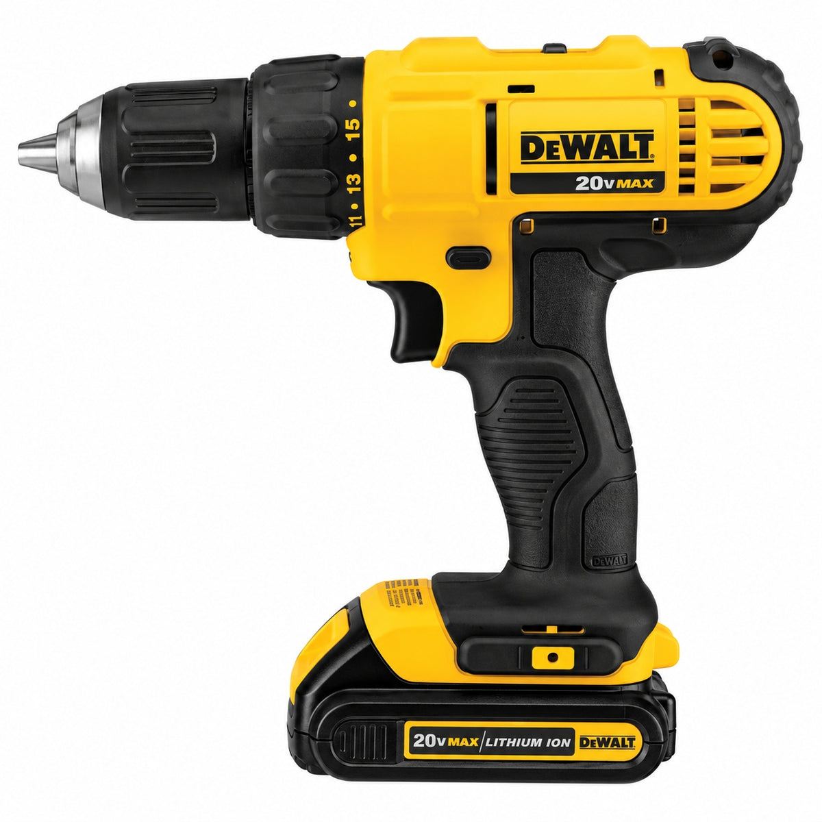 DEWALT DCD771 drill driver with included 1.3Ah battery from DCK240C2 combo kit, white background