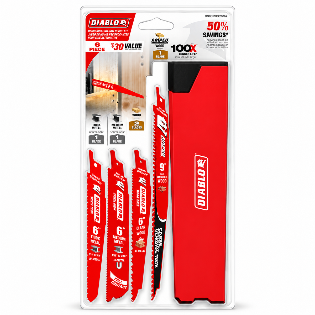 DIABLO DS005SPCWSA Bi-Metal & AMPED Carbide Reciprocating Saw Blade Set — 6 Pieces