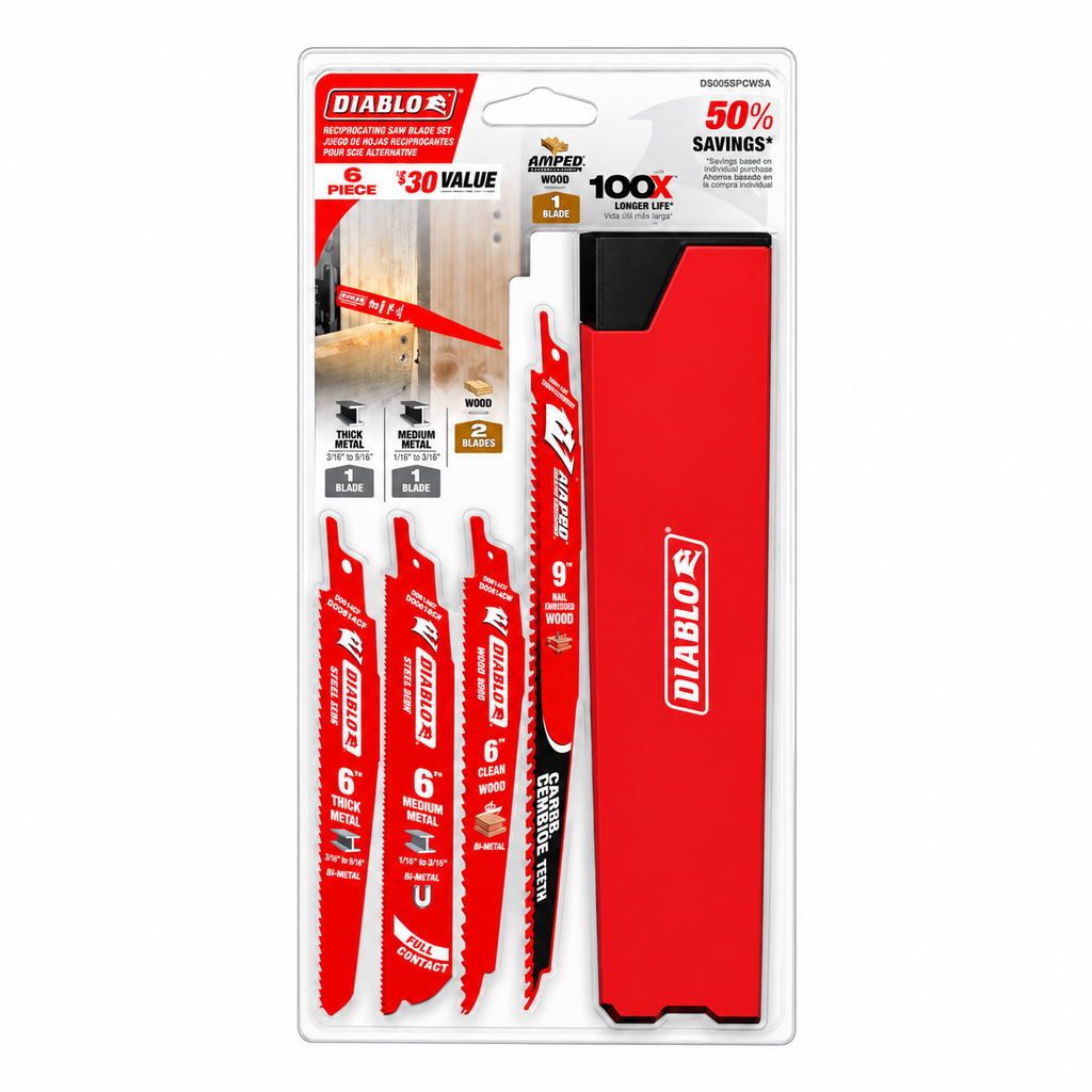 DIABLO DS005SPCWSA Bi-Metal & AMPED Carbide Reciprocating Saw Blade Set — 6 Pieces
