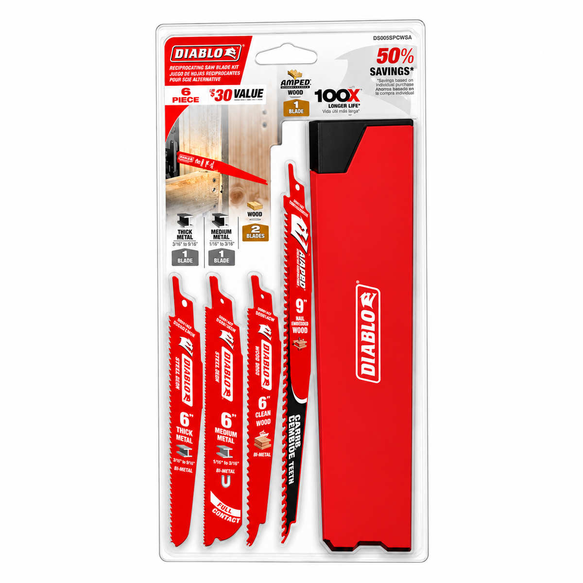 DIABLO DS005SPCWSA Bi-Metal & AMPED Carbide Reciprocating Saw Blade Set — 6 Pieces