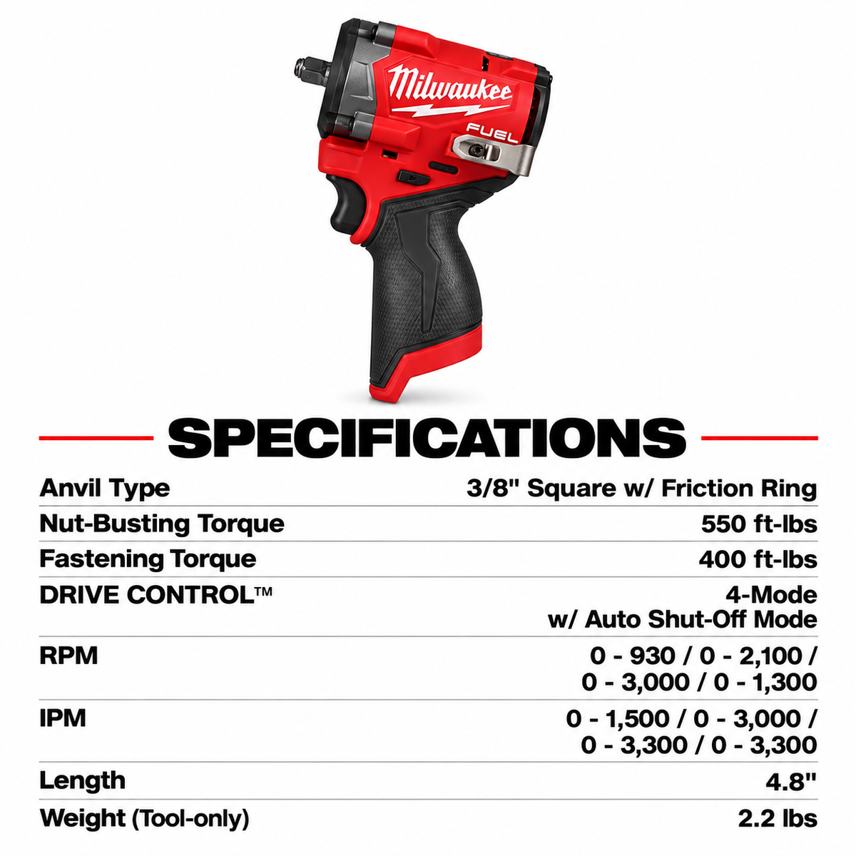 Milwaukee M12 FUEL 12V Lithium-Ion Brushless Cordless Stubby 3/8 in. Impact Wrench (Tool-Only)