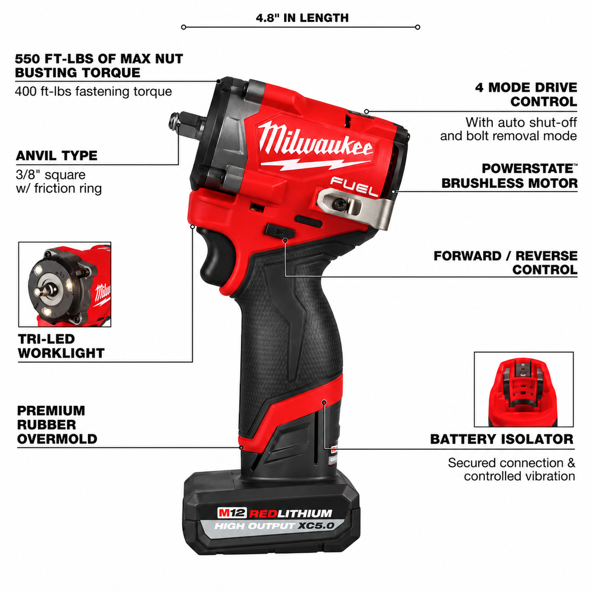 Milwaukee M12 FUEL 12V Lithium-Ion Brushless Cordless Stubby 3/8 in. Impact Wrench (Tool-Only)