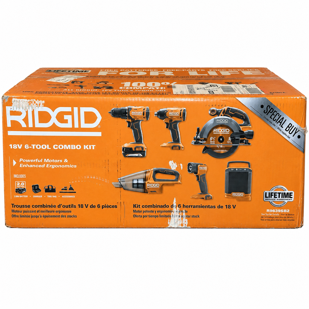 RIDGID R9639SB2 six-tool combo kit retail box — main view, edited from reference photo on white background