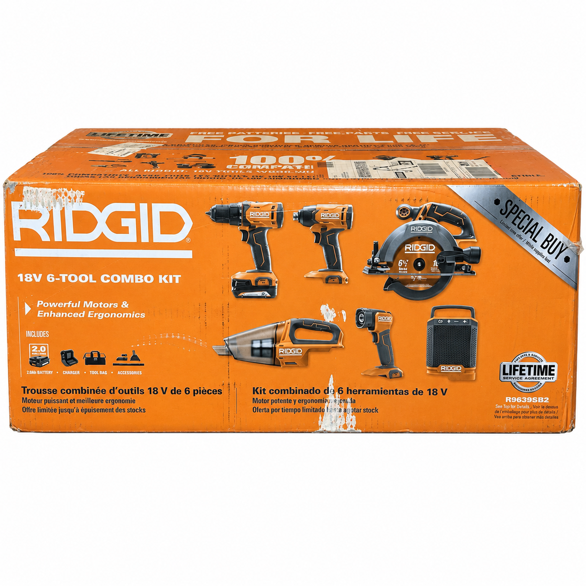 RIDGID R9639SB2 six-tool combo kit retail box — main view, edited from reference photo on white background