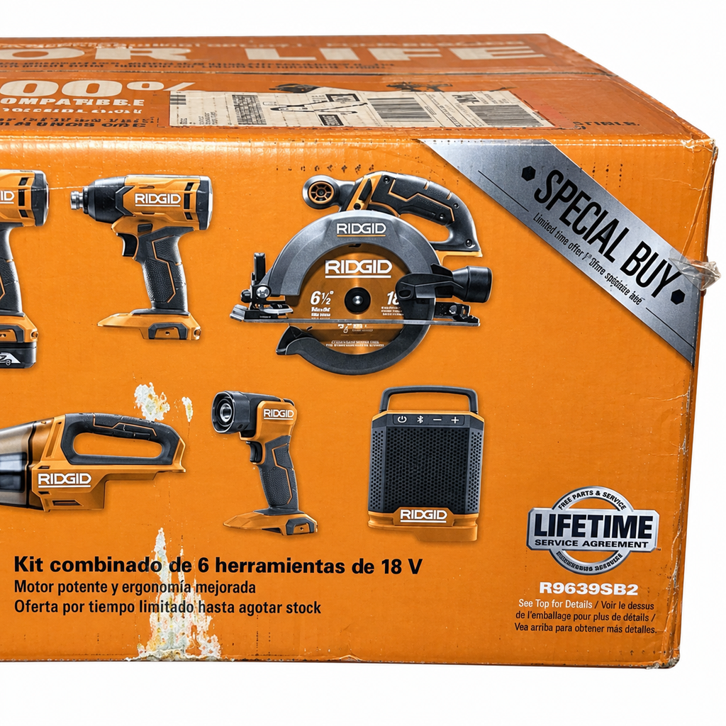 RIDGID R9639SB2 six-tool combo kit retail box — model view, edited from reference photo on white background