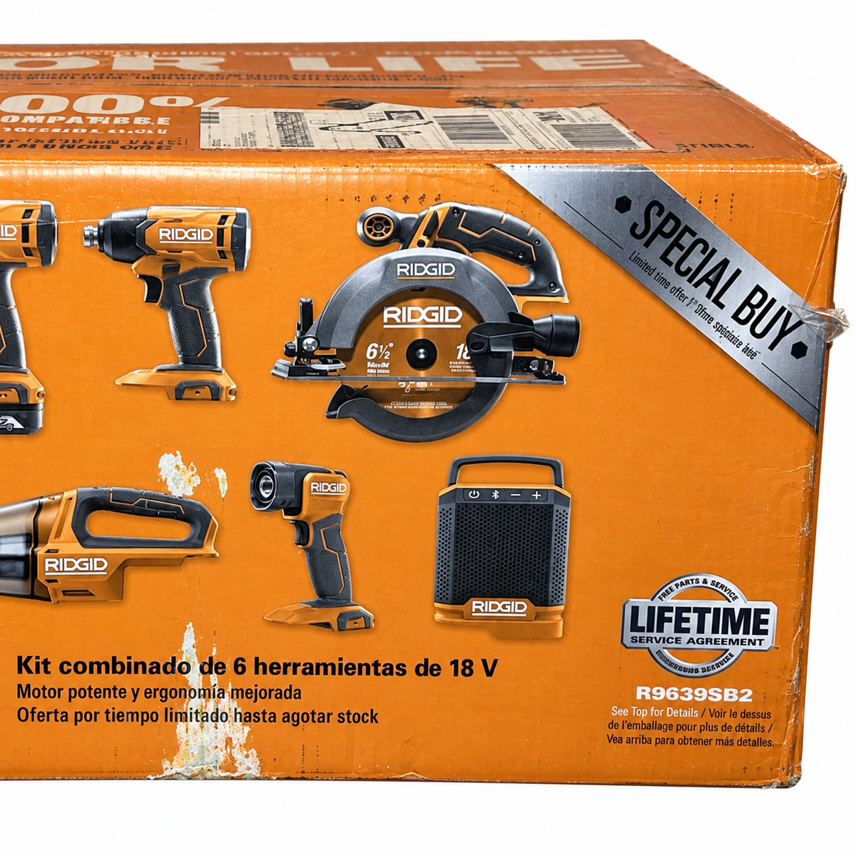 RIDGID R9639SB2 six-tool combo kit retail box — model view, edited from reference photo on white background