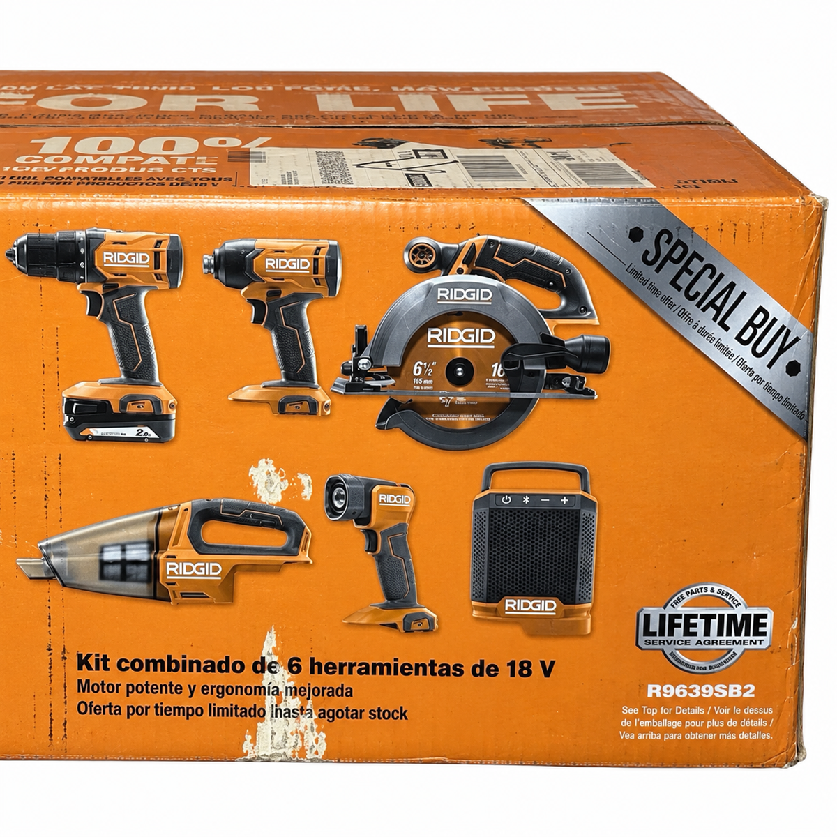 RIDGID R9639SB2 six-tool combo kit retail box — tools view, edited from reference photo on white background