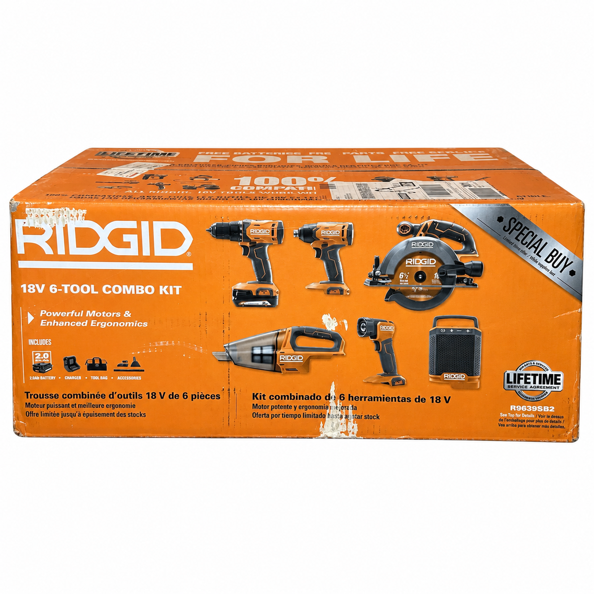 RIDGID R9639SB2 six-tool combo kit retail box — wide view, edited from reference photo on white background
