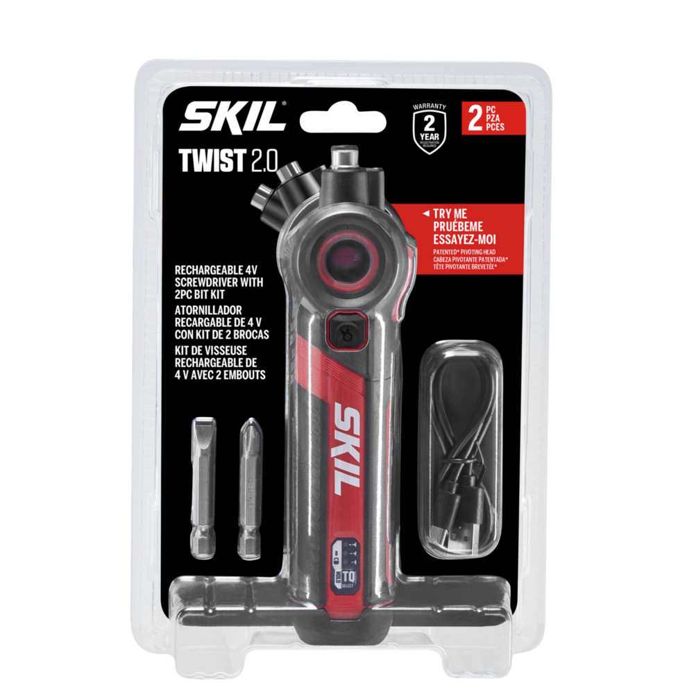 SKIL SD5619-01 Twist 2.0 screwdriver with two bits and USB charging cable in original package